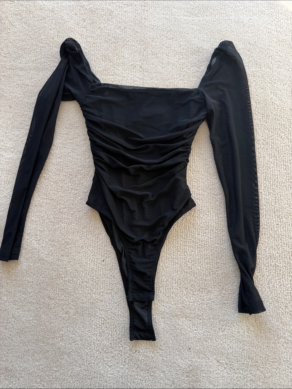 Princess Polly Black Long-Sleeve Ruched One-Piece Bodysuit